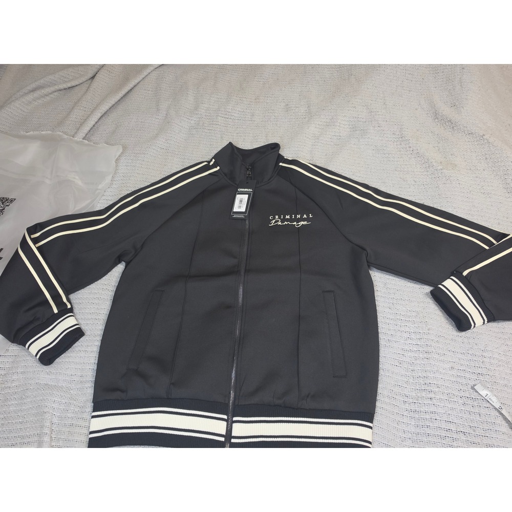 Criminal Damage Dragon Embroidered Track Jacket Black Ecru Streetwear Mens M